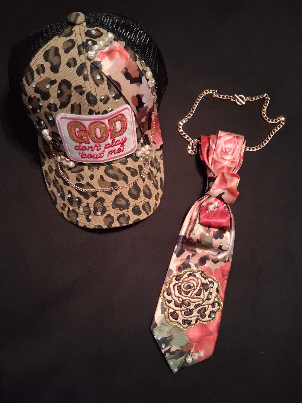Ladies Custom Made Leopard Print Cap with Pink Patch & Floral Tie - Pink